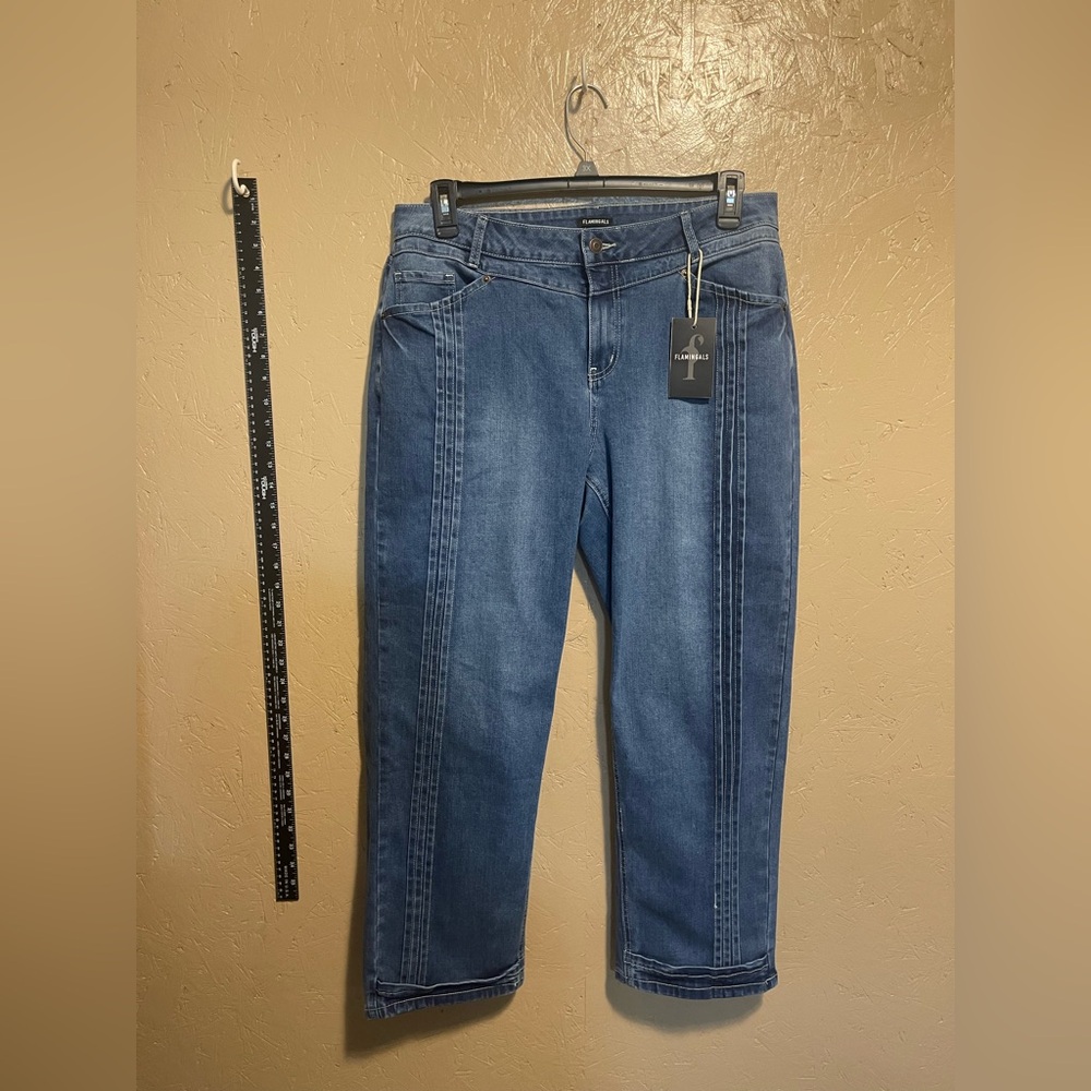 Women's Straight-Leg Jeans in Mid Blue with Vertical Seam Detail